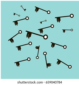 Many Black Keys of Different Size on Blue Background