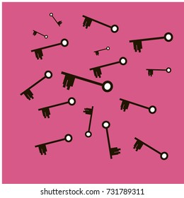 Many Black Keys of Different Size on Pink Background