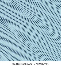 Muchas partículas negras se dispersaron asimétricamente en el fondo azul. Efecto dinámico. Ilusión óptica. Ilustración vectorial. 