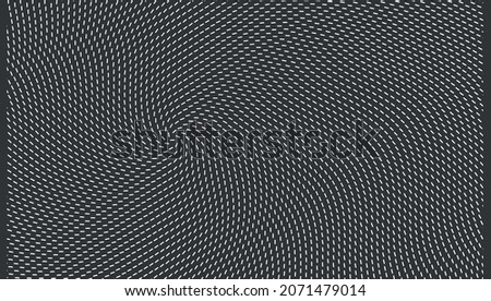 Many black particles scattered asymmetrically in white background. Wavy pattern with dynamic effect. Cover design template. Vector illustration with optical illusion. 