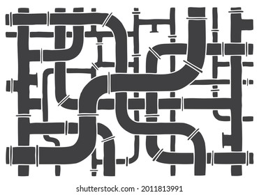 Many black pipes of different sizes and diameters are intertwined to form a background, texture, pattern. Hand Drawn. Doodle.	