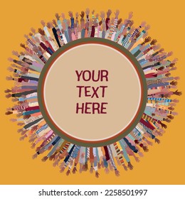 Many black skin African American men women children seniors  group raised hands arms in circle around round copy space. Black history month concept banner poster. Racial equality.Inclusion