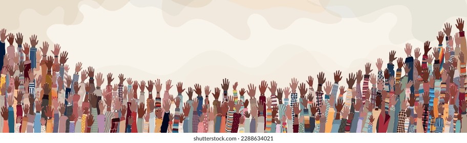 Many black skin African American men women children seniors  group hand raised on colored background copy space. Black history month concept banner poster. Racial equality.Mixed age range