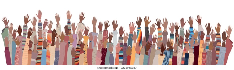 Many black skin African American men women group with hands raised. Template banner copy space.People holding hands in a circle.Black history month.People holding speech bubble. Equality