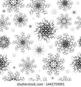 Many black snowflakes on a white  background seamless pattern