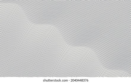 Muchos triángulos negros dispersos asimétricamente en fondo blanco. Patrón ondulado con efecto dinámico. Plantilla de diseño de portada. Ilustración vectorial con ilusión óptica. 
