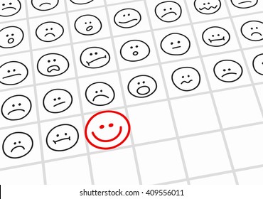 Many black unhappy and upset smileys and one red happy smiley. Create a good mood concept