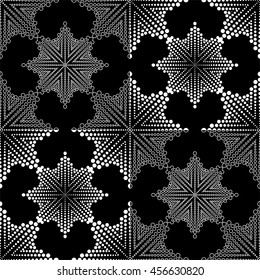 Many black and white circles of different sizes. Abstract seamless pattern. Decorative background with mosaic