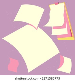 Many blank papers laying on the table. Important information written on sheets. Bright color vector illustration with stickers. Calendar, agenda, current news.