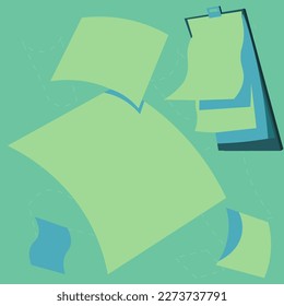 Many blank papers laying on the table. Important information written on sheets. Bright color vector illustration with stickers. Calendar, agenda, current news.
