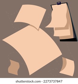 Many blank papers laying on the table. Important information written on sheets. Bright color vector illustration with stickers. Calendar, agenda, current news.