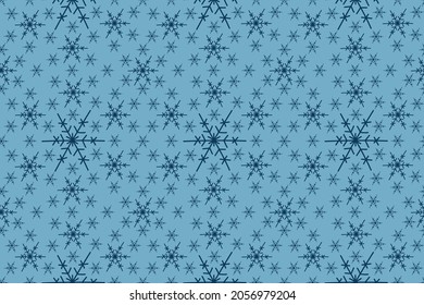 Viele blaue Kälte flittert Elemente auf Schneeflocken in verschiedenen Formen. Schneeflocken, schneebedeckter Hintergrund. Vektor handgezeichnet nahtloses Muster. Neujahrsschmuck. Nettes Element für Weihnachtsbanner, Karten.