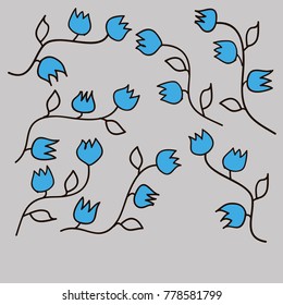 Many Blue Flowers With Black Border, Black Leaves and Stems on Grey Background