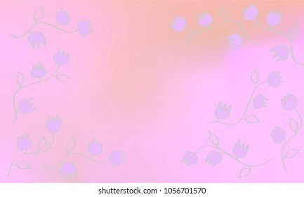 Many Blue Flowers with Leaves and Stems on Pink and Violet Gradient Background