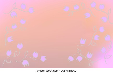 Many Blue Flowers with Leaves and Stems on Pink and Violet Gradient Background