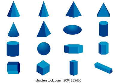 muchos sólidos geométricos azules para ilustraciones matemáticas en aula