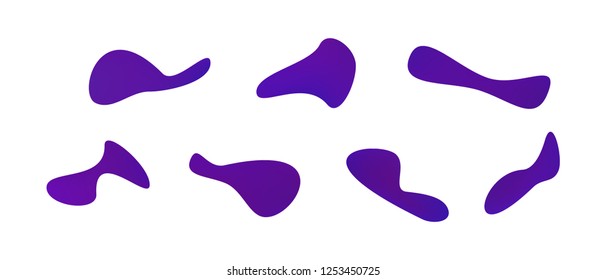 Many blue gradient plastic abstract shapes. Set of stylish fluid forms in the form of drops. Vector illustration isolated on white background. 