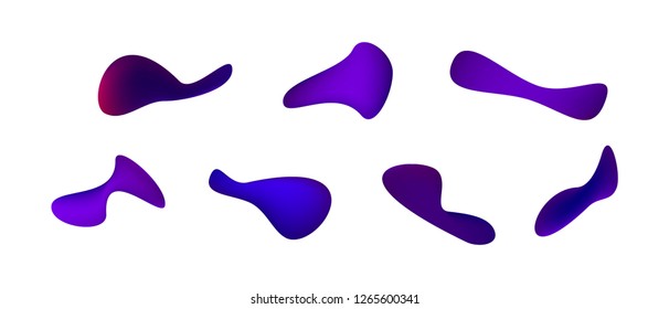 Many blue gradient plastic abstract shapes. Set of stylish fluid forms in the form of drops. Vector illustration isolated on white background. 