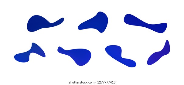 Many blue gradient plastic abstract shapes. Set of stylish fluid forms in the form of drops. Vector illustration isolated on white background. 