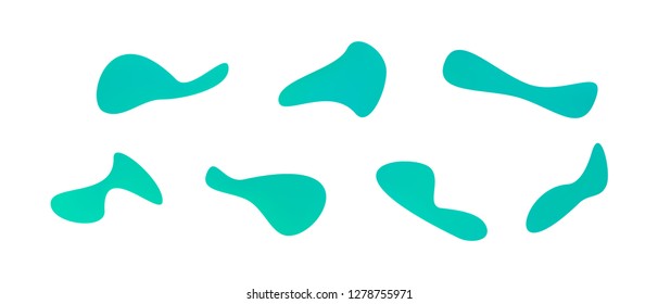 Many blue gradient plastic abstract shapes. Set of stylish fluid forms in the form of drops. Vector illustration isolated on white background. 