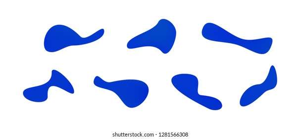 Many blue gradient plastic abstract shapes. Set of stylish fluid forms in the form of drops. Vector illustration isolated on white background. 