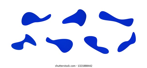 Many blue gradient plastic abstract shapes. Set of stylish fluid forms in the form of drops. Vector illustration isolated on white background. 