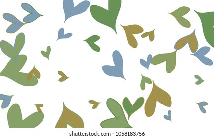 Many Blue and Green Hearts of Different Size on White Background