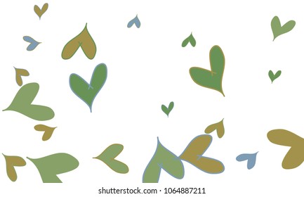 Many Blue and Green Hearts of Different Size on White Background