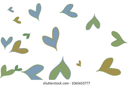 Many Blue and Green Hearts of Different Size on White Background