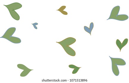 Many Blue and Green Hearts of Different Size on White Background