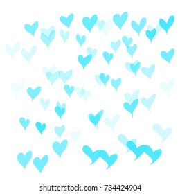 Many Blue Hearts of Different Opacity and Size on White Background