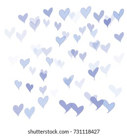 Many Blue Hearts of Different Shape and Opacity on White Background
