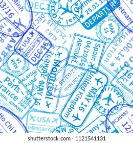 Many blue International travel visa rubber stamps imprints on white, seamless pattern