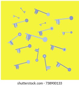 Many Blue Keys of Different Size on Yellow Background