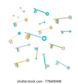 Many Blue, Orange and Violet Keys of Different Size on White Background