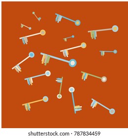 Many Blue, Orange and White Keys of Different Size on Orange Background
