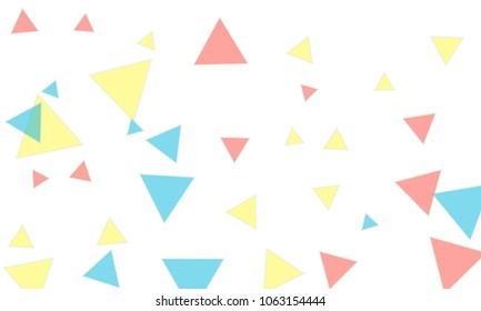 Many Blue, Pink and Yellow Triangles of Different Size on White Background