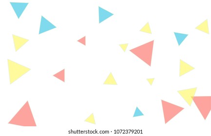 Many Blue, Pink and Yellow Triangles of Different Size on White Background