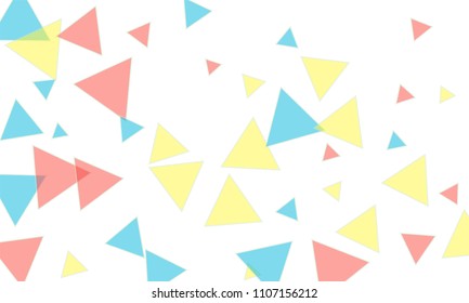Many Blue, Pink and Yellow Triangles of Different Size on White Background