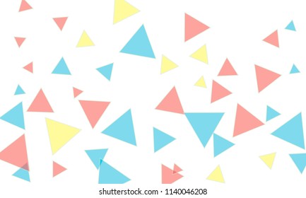Many Blue, Pink and Yellow Triangles of Different Size on White Background