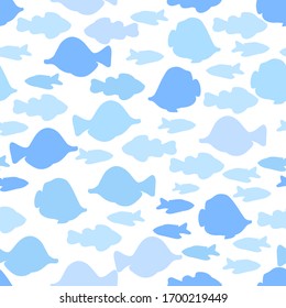 Many blue red sea fishes silhouettes on a white background swimming in different directions seamless pattern