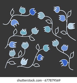 Many Blue Roses of Different Color Tone with White Stem on Dark Background