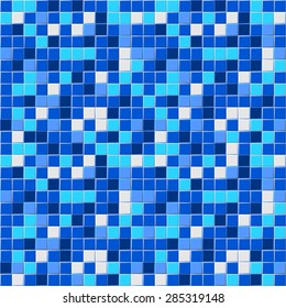 Many Blue Shades Abstract Tiling Geometric Texture. Black, Light And Dark Blue And White Color Mosaic Tile Background. Vector Art Image Illustration Pattern For Swimming Pool, Spa, Kitchen, Bath Room