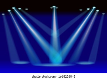 Many blue spotlights illuminate the scene. Empty space for exposure. Vector illustration.