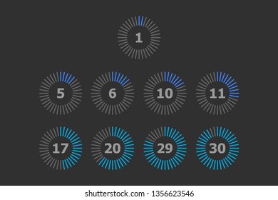 Many blue time circles with different indicators on a black background.