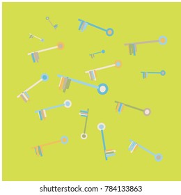 Many Blue, Violet and Pink Keys of Different Size on Green Background