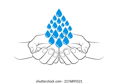 Many blue water droplets shaped like one big drop, over outlines of cupped palms carefully holding them, isolated over white background. Concept of clean drinking water, water resources saving