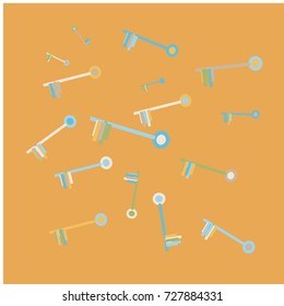 Many Blue, Yellow and White Keys of Different Size on Orange Background