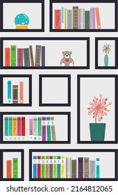 muchos libros en la ilustración del vector de estantería
