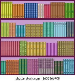 Many books on the shelves of the library or in the bookstore. Cover design, seamless background